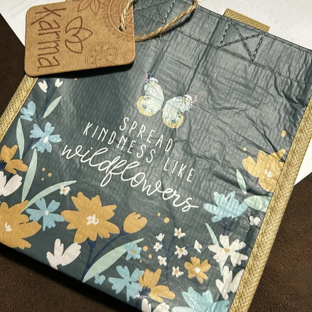 🩶5/$30 Karma Floral & Butterfly Blue & Yellow Small Reusable Gift Tote Bag NEW